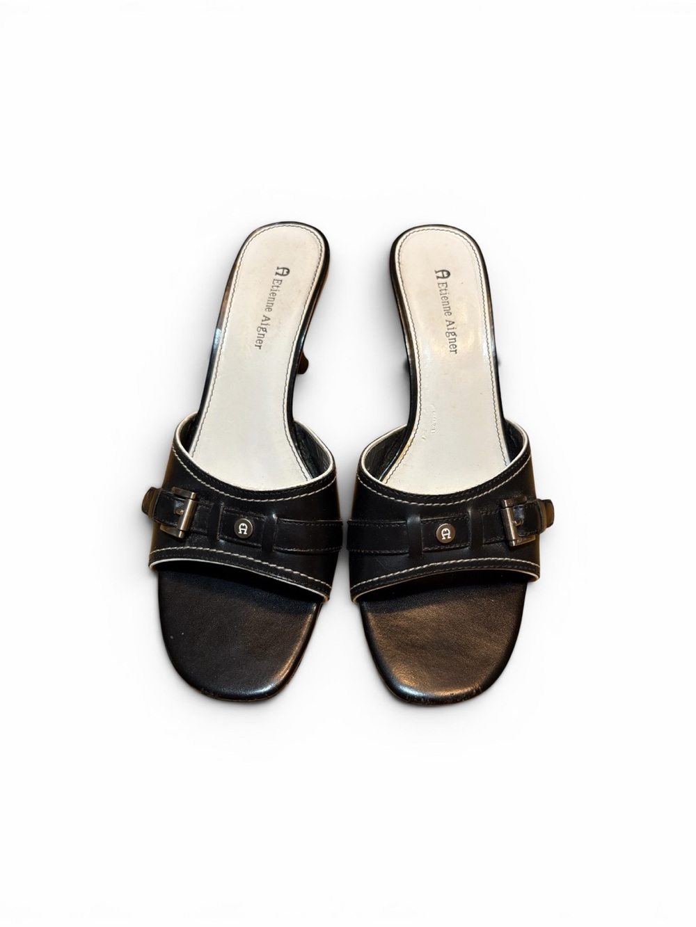 Vintage Etienne Aigner Leather Slide Sandals-Kitten Heel-Black-marked 8